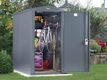Asgard Slimline Bike Shed x2 Asgard open door front view grey