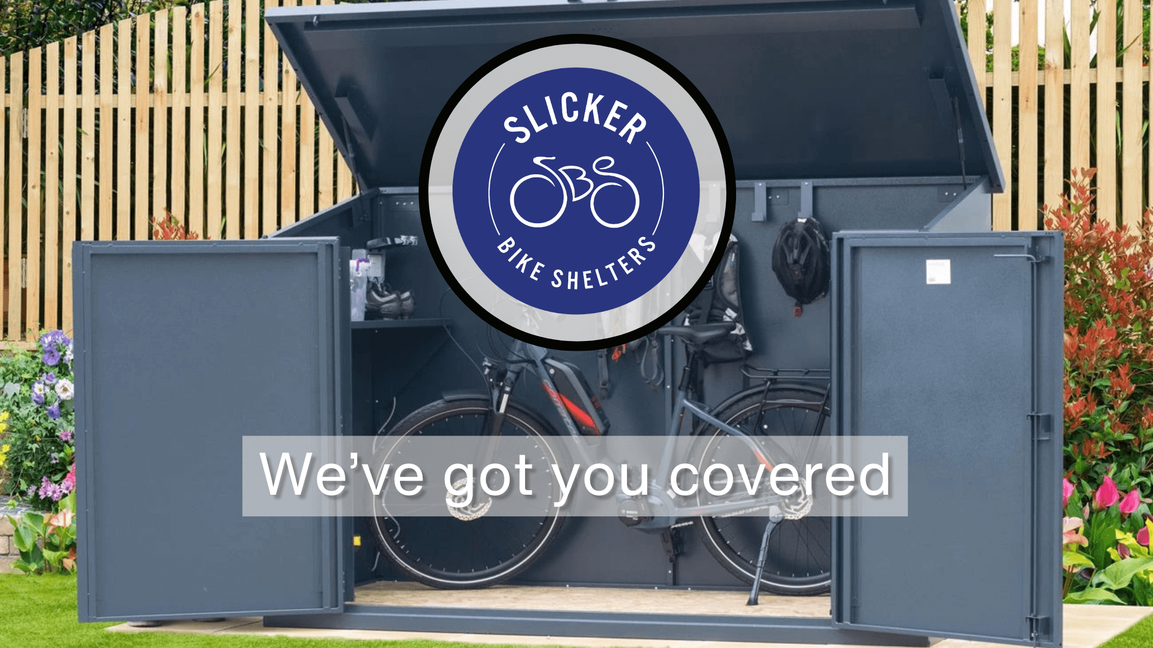 Slicker Bike Shelters Hero Image with Logo in Centre
