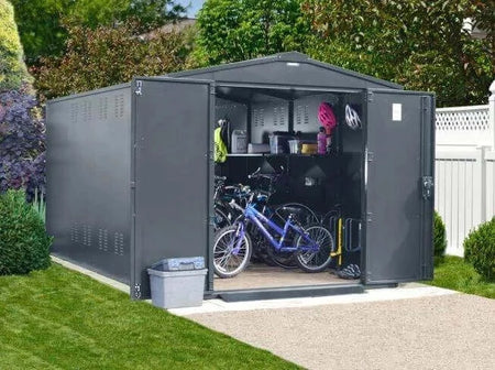 Asgard Bike Storage Shed x12 In Grey With Open Doors