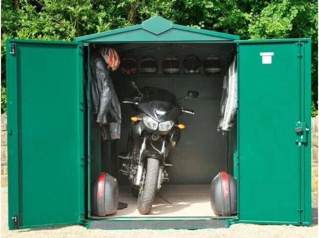 Asgard Motorbike Plus Secure Unit Garage 5x11 asgard front view open doors green