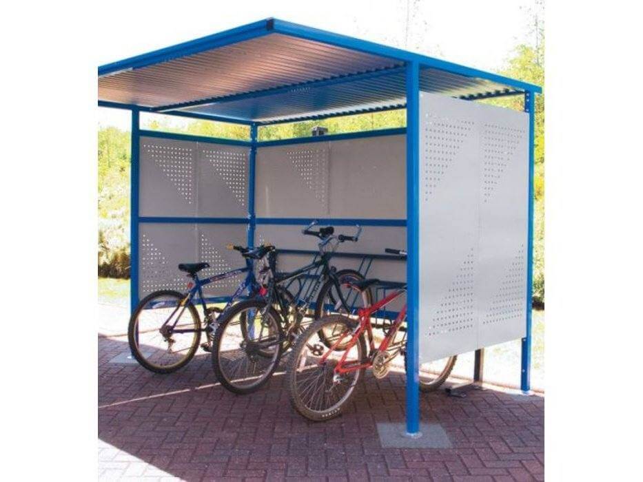 Traditional Bike Shelter QMP Perforated Sides Closed Back - Initial - H.2180 W.3060 D.1900mm Perforated Sides Closed Back - Initial - H.2180 W.2450 D.1900mm